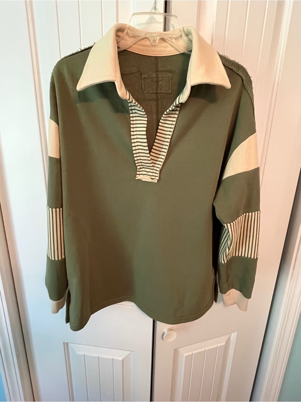 Women’s Long Sleeve Polo Tee in Olive with Cream Trim
